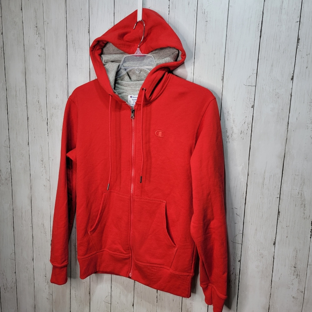 Champion Red Sweatshirt Fleece Jacket Powerblend Full Zip Hooded Logo Size Small - Picture 2 of 8